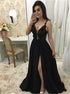 A Line Spaghetti Straps V Neck Black Chiffon Prom Dress with Split LBQ2571